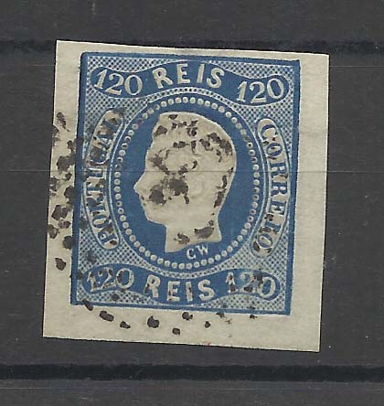 0878.jpg -     Lote:    878            Portugal       Descrição:         1866/67 &mdash; D. Luís I. Fita curva, não denteados. CE26, 120 reis azul, com 3 margens excepcionais e uma curta. Bonito exemplar. Valor de catálogo &euro; 128,00.        O       Valor Base:     &euro; 25,00     Valor Venda:     Retirado     