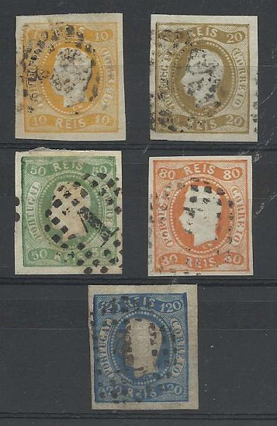 0880.jpg -     Lote:    880            Portugal       Descrição:         1866/67 &mdash; D. Luís I. Fita curva, não denteados. Lote de 5 selos: 10, 20, 50, 80 e 120 reis CE20/21, 23/24 e 26. Valor de catálogo &euro; 738,00.        O       Valor Base:     &euro; 50,00     Valor Venda:     Retirado     