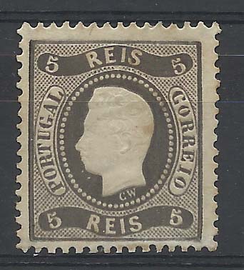 0881.jpg -     Lote:    881            Portugal       Descrição:         1867/70 &mdash; D. Luís I. Fita curva, denteados. CE27, 5 reis preto. Valor de catálogo &euro; 212,00.        **       Valor Base:     &euro; 20,00     Valor Venda:     &euro; 20,00       