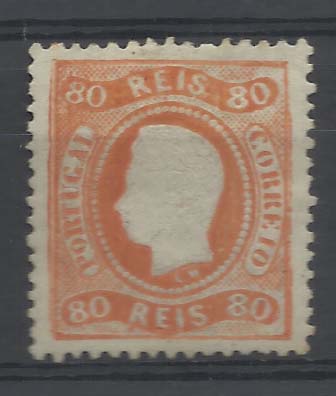 0882.jpg -     Lote:    882            Portugal       Descrição:         1867/70 &mdash; D. Luís I. Fita curva, denteados. CE32, 80 reis laranja. Valor de catálogo &euro; 608,00.        **       Valor Base:     &euro; 40,00     Valor Venda:     &euro; 55,00       