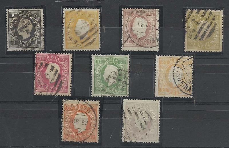 0901.jpg -     Lote:    901            Portugal       Descrição:         1870/76 &mdash; D. Luís I, fita direita. CE36/43. Lote de 9 selos (2xCE42). Todos em papel liso, denteado 12 &frac12;.        O       Valor Base:     &euro; 40,00     Valor Venda:     Retirado     