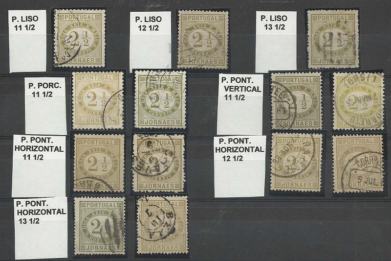 0904.jpg -     Lote:    904            Portugal       Descrição:         1876 &mdash; Jornaes. CE48, 2 &frac12; reis. Pequeno estudo em selos usados, incluindo todos os papéis e denteados, com realce para o papel liso, denteado 11 &frac12; e o difícil papel pontinhado, denteado 11 &frac12;. Valor de catálogo &euro; 257,20.        O       Valor Base:     &euro; 25,00     Valor Venda:     &euro; 25,00       