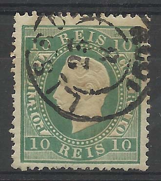 0906.jpg -     Lote:    906            Portugal       Descrição:         1879/80 &mdash; D. Luís I. Fita direita. Novas cores. CE49, 10 reis verde azul, denteado 13 &frac12;. Valor de catálogo &euro; 556,00.        O       Valor Base:     &euro; 50,00     Valor Venda:     Retirado     