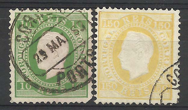 0908.jpg -     Lote:    908            Portugal       Descrição:         1879/80 &mdash; D. Luís I, fita direita. Novas. CE49 e 51, 10 e 150 reis em papel porcelana, denteado 12 &frac12;. Selo de 10 reis com canto curto.        O       Valor Base:     &euro; 8,00     Valor Venda:     Retirado     
