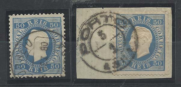 0910.jpg -     Lote:    910            Portugal       Descrição:         1879/80 &mdash; D. Luís I, fita direita. Novas cores. CE50, 50 reis azul, papel liso. Dois selos em denteados 12 &frac12; e 13 &frac12; (sobre fragmento). Valor de catálogo &euro; 189,00.        O/FRG       Valor Base:     &euro; 20,00     Valor Venda:     Retirado     