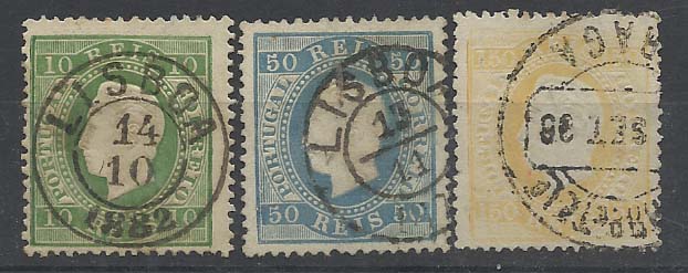 0911.jpg -     Lote:    911            Portugal       Descrição:         1879/80 &mdash; D. Luís I, fita direita. Novas cores. CE49/51. Série completa em papel liso, denteado 13 &frac12;. Valor de catálogo &euro; 376,50.        O       Valor Base:     &euro; 30,00     Valor Venda:     &euro; 55,00       
