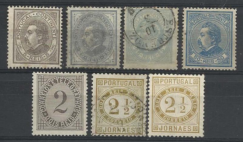 0913.jpg -     Lote:    913            Portugal       Descrição:         1876/84 &mdash; D. Luís I, de perfil + Jornaes + Taxa de telegramas. CE48, CE52/55, CE59. Séries completas, mistas com selos novos e usados. Selo CE55, 50 reis azul, denteado 13 &frac12; em estado novo porém regomado. Lote a ver.        **/O       Valor Base:     &euro; 40,00     Valor Venda:     &euro; 60,00       