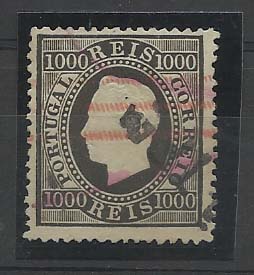 0929.jpg -     Lote:    929            Portugal       Descrição:         Carimbos da telegrafia eléctrica. 1884 &mdash; D. Luís I fita direita. Novo valor e cor. CE67, 1000 reis preto, denteado 13 &frac12;, papel liso, obliterado com roulettes da telegrafia a vermelho + carimbo a preto "ESTAÇÃO TFCA"        O       Valor Base:     &euro; 10,00     Valor Venda:     Retirado     
