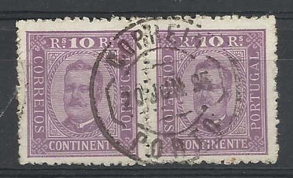 0931.jpg -     Lote:    931            Portugal       Descrição:         1892/93 &mdash; D. Carlos I, tipo Diogo Neto. CE69, 10 reis lilás. Par horizontal em papel porcelana, denteado 11 &frac12;. Muito raro em múltiplos neste denteado e papel. Valor de catálogo &euro; 250,00.        O       Valor Base:     &euro; 40,00     Valor Venda:     &euro; 65,00       
