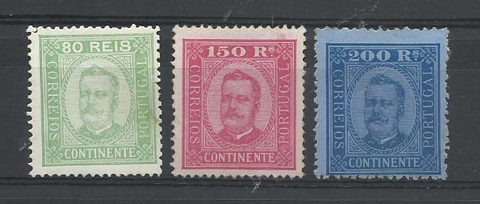 0932.jpg -     Lote:    932            Portugal       Descrição:         1892/93 &mdash; D. Carlos I, Diogo Neto. Lote de 3 selos novos de 80 reis, 150 reis, denteado 13 &frac12; regomado e 200 reis denteado 12 &frac12;. CE76/78. Valor de catálogo &euro; 557,50.        **       Valor Base:     &euro; 50,00     Valor Venda:     &euro; 75,00       