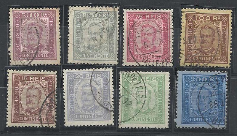0936.jpg -     Lote:    936            Portugal       Descrição:         1892/93 &mdash; D. Carlos I, tipo Diogo Neto. Lote de 8 selos CE69, 71, 72, 73, 74, 75, 76 e 78, em papel porcelana, denteado 12 &frac12;. Valor de catálogo &euro; 250,70.        O       Valor Base:     &euro; 30,00     Valor Venda:     Retirado     
