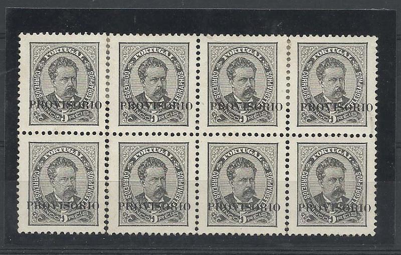 0937.jpg -     Lote:    937            Portugal       Descrição:         1892/93 &mdash; D. Luís I. Sobrecargas "PROVISORIO". CE80, 5 reis preto. Bloco com 8 selos (4x2. Valor de catálogo &euro; 227,20.        *       Valor Base:     &euro; 30,00     Valor Venda:     Retirado     