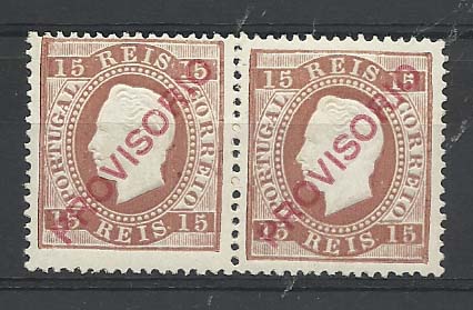 0938.jpg -     Lote:    938            Portugal       Descrição:         1892/93 &mdash; D. Luís I. Sobrecargas "PROVISORIO". CE84, 15 reis castanho, papel porcelana, denteado 13 &frac12;. Par horizontal. Um selo com muito ligeiro ponto de óxido.        ***       Valor Base:     &euro; 15,00     Valor Venda:     &euro; 15,00       