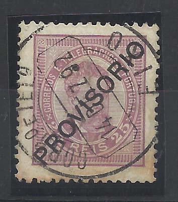 0940.jpg -     Lote:    940            Portugal       Descrição:         1892/93 &mdash; D. Luís I, com sobrecarga "PROVISORIO". CE86, 25 reis lilás rosa, denteado 12 &frac12;, obliterado com carimbo circular datado de "EIXO". Valor de catálogo &euro; 129,00.        O       Valor Base:     &euro; 25,00     Valor Venda:     &euro; 26,00       