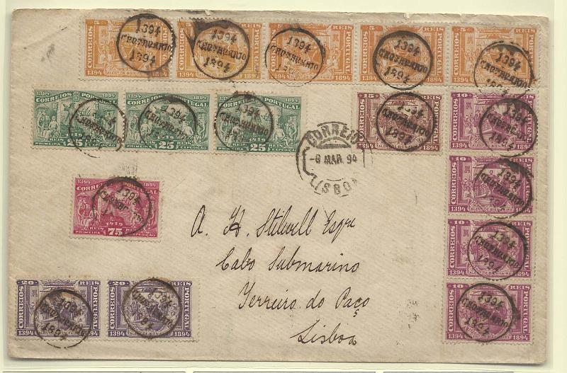 0951.jpg -     Lote:    951            Portugal       Descrição:         1894 &mdash; 5.º Centenário do Nascimento do Infante D. Henrique. Sobrescrito circulado em Lisboa (08.03.94) com 5 selos de 5 reis CE98, 4 selos de 10 reis CE99, 1 selo de 15 reis CE100, 2 selos de 20 reis CE101, 3 selos de 25 reis CE102 e 1 selo de 75 reis CE104, todos obliterados com o carimbo comemorativo. MB e R.        Carta       Valor Base:     &euro; 100,00     Valor Venda:     &euro; 100,00       