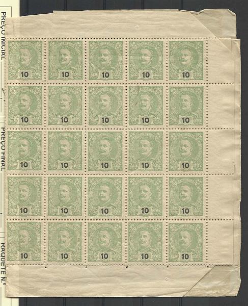 0955.jpg -     Lote:    955            Portugal       Descrição:         1895 &mdash; D. Carlos I Mouchon. CE128, 10 reis verde amarelo. Folha completa de 150 selos. Valor de catálogo &euro; 277,50.        ***       Valor Base:     &euro; 30,00     Valor Venda:     &euro; 30,00       