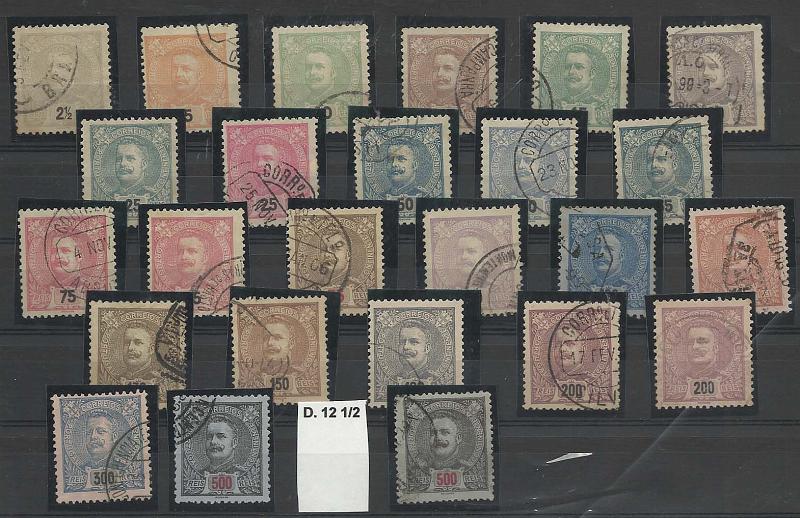 0960.jpg -     Lote:    960            Portugal       Descrição:         1895/96 &mdash; D. Carlos I, tipo Mouchon. CE126/139. Série completa usada com duplicações dos selos de 75, 100, 200 e 500 reis, este em denteados 11 &frac12; e 12 &frac12;..        O       Valor Base:     &euro; 18,00     Valor Venda:     Retirado     