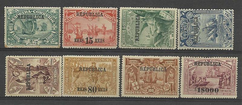 0974.jpg -     Lote:    974            Portugal       Descrição:         1898 &mdash; 4.º Centenário do Descobrimento do Caminho Marítimo para a Índia, com sobrecarga REPUBLICA e sobretaxa, sobre selos postais da Madeira. CE198/205. Série completa, com selo CE205 sem charneira. Selo CE198 com ponto de óxido. Valor de catálogo &euro; 226,00.        ***/*       Valor Base:     &euro; 25,00     Valor Venda:     &euro; 34,00       