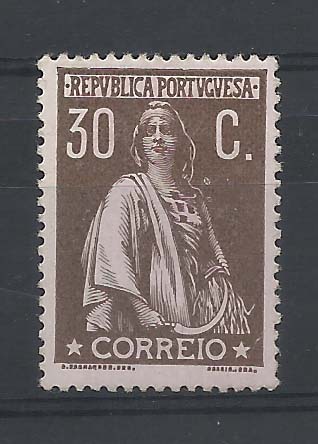 0980.jpg -     Lote:    980            Portugal       Descrição:         1912 &mdash; Ceres. CE218, 30 c castanho s/ rosa, papel porcelana, denteado 15x14. Valor de catálogo &euro; 218,00. Certificado de peritagem NFACP.        **       Valor Base:     &euro; 20,00     Valor Venda:     Retirado     