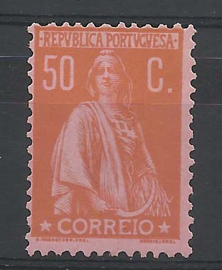 0981.jpg -     Lote:    981            Portugal       Descrição:         1912 &mdash; Ceres. CE219, 50c laranja s/ salmão, denteado 12 x 11 &frac12;. Valor de catálogo &euro; 262,00.        RG***       Valor Base:     &euro; 30,00     Valor Venda:     &euro; 42,00       