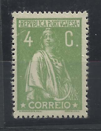 0982.jpg -     Lote:    982            Portugal       Descrição:         1917/20 &mdash; Ceres. CE226, 4c verde amarelo, denteado 15x14, papel cartolina, variedade de cliché XXII. Valor de catálogo &euro; 117,70.        **       Valor Base:     &euro; 20,00     Valor Venda:     &euro; 38,00       