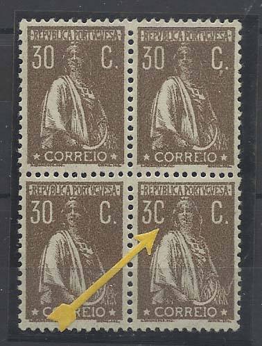 0991.jpg -     Lote:    991            Portugal       Descrição:         1920/22 &mdash; Ceres. CE242, 30c castanho, denteado 12x11 &frac12;. Quadra, com um dos selos com variedade de cliché IX (3C".        ***/**       Valor Base:     &euro; 30,00     Valor Venda:     Retirado     