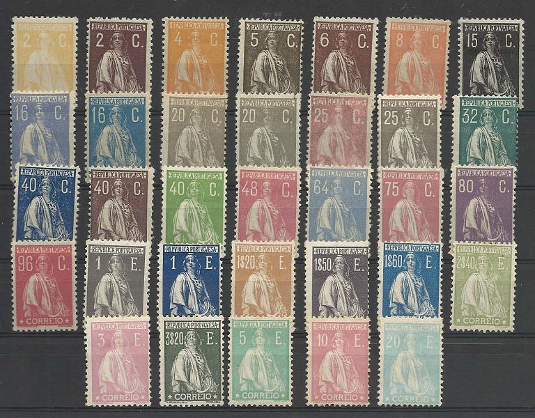 0994.jpg -     Lote:    994            Portugal       Descrição:         1924/26 &mdash; Ceres. Novas taxas e cores. CE276/298. Série completa (selos de 10E e 20E regomados). Valor de catálogo &euro; 2.182,00.        **       Valor Base:     &euro; 150,00     Valor Venda:     &euro; 260,00       