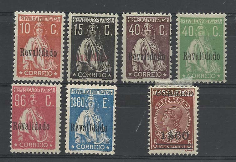 1022.jpg -     Lote:    1022            Portugal       Descrição:         1929 &mdash; Ceres, com sobrecarga "Revalidado" + Imposto Telegráfico. CE488/93 + CE494. Séries completas. Valor de catálogo &euro; 79,00.        **       Valor Base:     &euro; 8,00     Valor Venda:     &euro; 14,00       