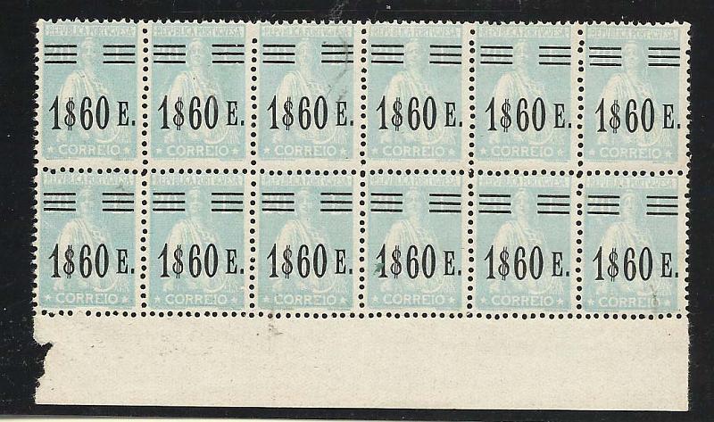 1023.jpg -     Lote:    1023            Portugal       Descrição:         1928/29 &mdash; Ceres, com sobretaxa. CE493, 1$60 s/ 20$00. Bloco com 12 selos. Valor de catálogo &euro; 481,00.        ***       Valor Base:     &euro; 80,00     Valor Venda:     &euro; 90,00       