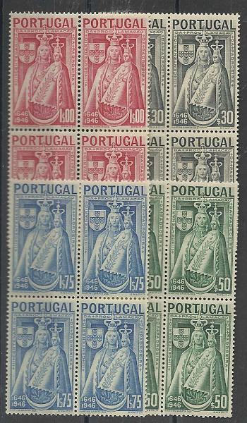 1044.jpg -     Lote:    1044            Portugal       Descrição:         1946 &mdash; 3.º Centenário da Proclamação da Padroeira de Portugal. CE673/76. Série completa em quadras. Valor de catálogo &euro; 71,40.        ***       Valor Base:     &euro; 15,00     Valor Venda:     &euro; 28,00       