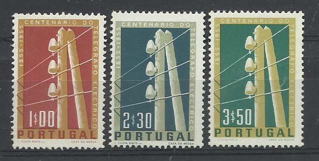 1079.jpg -     Lote:    1079            Portugal       Descrição:         1955 &mdash; 1.º Centenário do Telégrafo Eléctrico em Portugal. CE815/817. Valor de catálogo &euro; 106,00.        ***       Valor Base:     &euro; 20,00     Valor Venda:     &euro; 32,00       