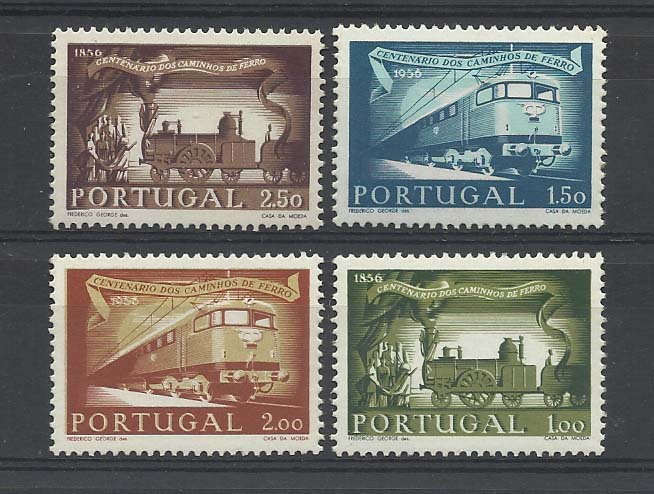 1081.jpg -     Lote:    1081            Portugal       Descrição:         1956 &mdash; 1.º Centenário dos Caminhos de Ferro em Portugal. CE82&frac12;4. Série completa. Valor de catálogo &euro; 176,00.        ***       Valor Base:     &euro; 15,00     Valor Venda:     &euro; 32,00       