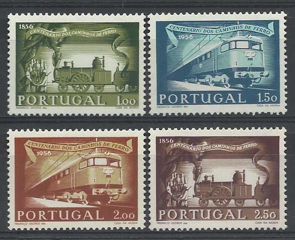 1082.jpg -     Lote:    1082            Portugal       Descrição:         1956 &mdash; 1.º Centenário dos Caminhos de Ferro em Portugal. CE821/824. Valor de catálogo &euro; 176,00.        ***       Valor Base:     &euro; 15,00     Valor Venda:     Retirado     