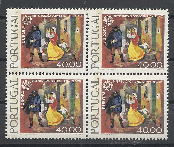 1095.jpg -     Lote:    1095            Portugal       Descrição:         1979 &mdash; Europa CEPT &mdash; História do Correio. CE1424. Quadra com tarja fosforescente. Valor de catálogo &euro; 99,20.        ***       Valor Base:     &euro; 18,00     Valor Venda:     &euro; 18,00       