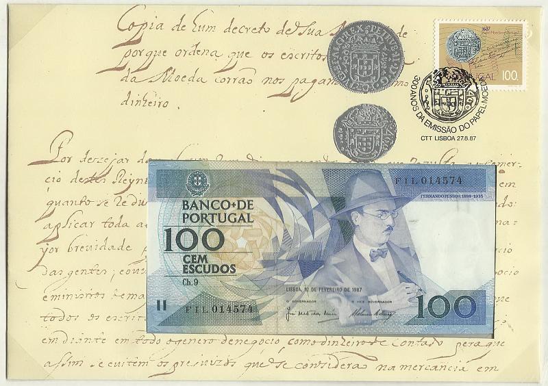 1096.jpg -     Lote:    1096            Portugal       Descrição:         1987 &mdash; 300 Anos da Emissão de Papel Moeda em Portugal. CE1813. FDC com nota de 100$00 da emissão de Fernando Pessoa com prefixo FIL.        FDC/NT       Valor Base:     &euro; 30,00     Valor Venda:     &euro; 30,00       