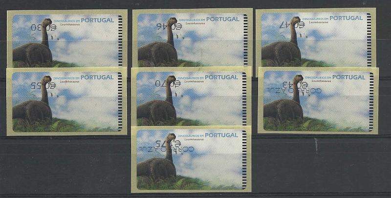 1099.jpg -     Lote:    1099            Portugal       Descrição:         1999 &mdash; Dinossáurios em Portugal. CE ETQ20. Máquina SMD. Dinossáurio Lourinhasaurus. Lote de 7 etiquetas com os valores de 2003 (correio ordinário + correio azul), impressos a preto, com valores para o ano de 2003, todos invertidos.. MB e MR.        ETQ       Valor Base:     &euro; 50,00     Valor Venda:     &euro; 50,00       