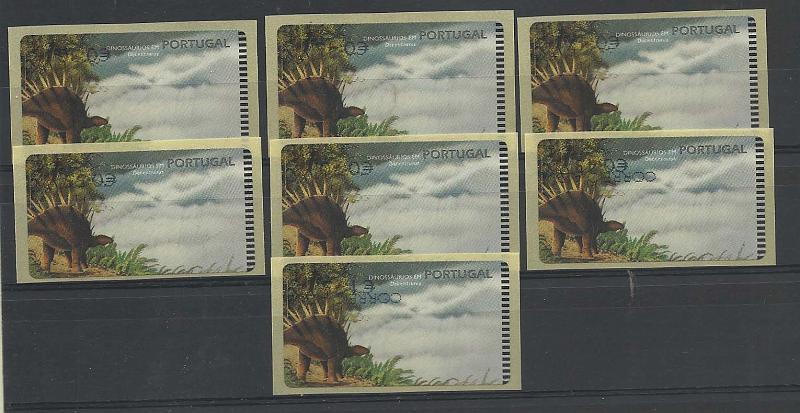 1100.jpg -     Lote:    1100            Portugal       Descrição:         1999 &mdash; Dinossáurios em Portugal. CE ETQ20. Máquina SMD. Dinossáurio Dacentrurus. Lote de 7 etiquetas com os valores de 2003 (correio ordinário + correio azul), impressos a preto, com valores para o ano de 2003, todos invertidos. MB e MR.        ETQ       Valor Base:     &euro; 50,00     Valor Venda:     Retirado     