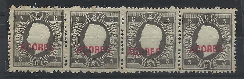 1124.jpg -     Lote:    1124            Açores       Descrição:         1871/76 &mdash; D. Luís I. Fita curva, com sobrecarga AÇORES tipo B. CE16, 5 reis preto, denteado 12 &frac12;. Tira horizontal de 4 selos. Valor de catálogo &euro; 80,00.        ***       Valor Base:     &euro; 16,00     Valor Venda:     &euro; 16,00       