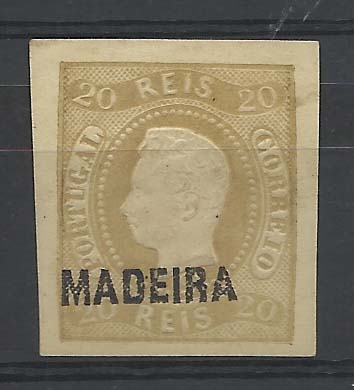 1129.jpg -     Lote:    1129            Madeira       Descrição:         1868 &mdash; D. Luís I. Fita curva, não denteados. CE1, 20 reis bistre, com boas margens. Sobrecarga Madeira deslocada. Valor de catálogo &euro; 340,00.         *       Valor Base:     &euro; 30,00     Valor Venda:     &euro; 30,00       