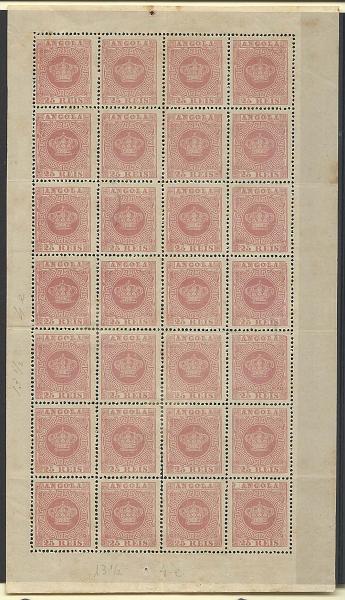 1131.jpg -     Lote:    1131            Angola       Descrição:         1870/77 &mdash; Tipo Coroa. CE4, 25 reis carmim rosa, denteado 13 &frac12;. Folha completa com 28 selos, com ligeiras manchas. Valor de catálogo &euro; 1.204,00. Raro em folha.        *       Valor Base:     &euro; 100,00     Valor Venda:     &euro; 170,00       