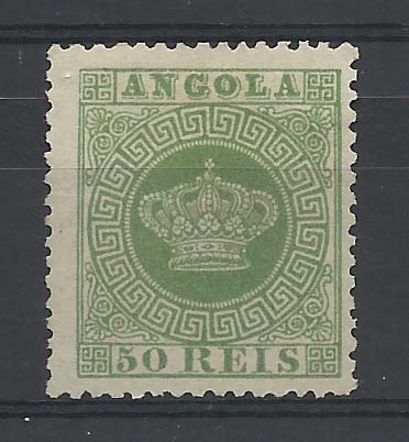 1135.jpg -     Lote:    1135            Angola       Descrição:         1870/77 &mdash; Tipo Coroa. CE6, 50 reis verde, denteado 12 &frac12;. Valor de catálogo &euro; 102,00.        *       Valor Base:     &euro; 15,00     Valor Venda:     &euro; 16,00       