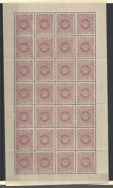 1137.jpg -     Lote:    1137            Angola       Descrição:         1870/77 &mdash; Tipo Coroa. CE7, 100 reis violeta, denteado 12 &frac12;. Folha completa de 28 selos. Valor de catálogo &euro; 672,00.        *       Valor Base:     &euro; 30,00     Valor Venda:     Retirado     