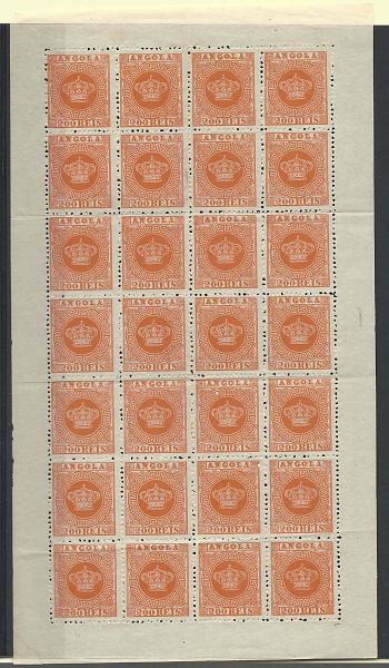 1138.jpg -     Lote:    1138            Angola       Descrição:         1870/77 &mdash; Tipo Coroa. CE8, 200 reis laranja vermelho, denteado 12 &frac12;. Folha completa de 28 selos. Valor de catálogo &euro; 280,00.        *       Valor Base:     &euro; 20,00     Valor Venda:     Retirado     