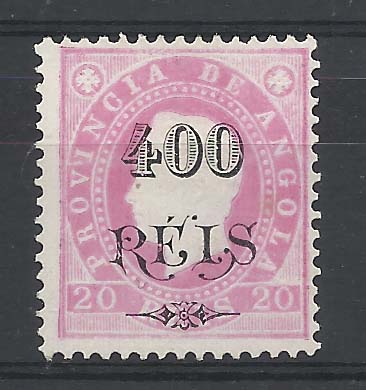 1144.jpg -     Lote:    1144            Angola       Descrição:         1902 &mdash; D. Luís I, com sobrecarga. CE60, 400 s/ 20 reis rosa, denteado 12 &frac12;. Valor de catálogo &euro; 151,00.        *       Valor Base:     &euro; 20,00     Valor Venda:     &euro; 42,00       