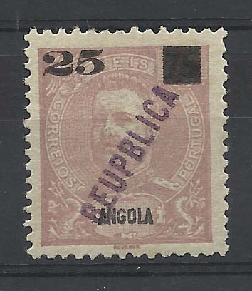 1145.jpg -     Lote:    1145            Angola       Descrição:         1912 &mdash; D. Carlos I com sobrecarga local REPUBLICA e sobretaxa. CE117, 25 s/ 75 reis. Variedade REUPBLICA. Novo sem goma. Ligeiro ponto de óxido. Valor de catálogo &euro; 173,00.        *       Valor Base:     &euro; 15,00     Valor Venda:     &euro; 22,00       