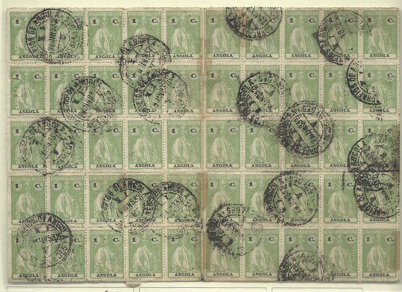 1147.jpg -     Lote:    1147            Angola       Descrição:         1914 &mdash; Ceres. CE144, 1C verde amarelo, denteado 15x14, papel liso. Bloco composto por 100 selos, metade obliterado com carimbo de Mossamedes (29.01.32) e outra metade não obliterada. Provavelmente destacada de sobrescrito (período de inflação e falta de estampilhas em Angola)..        */O       Valor Base:     &euro; 8,00     Valor Venda:     Retirado     