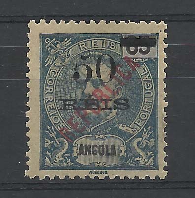 1149.jpg -     Lote:    1149            Angola       Descrição:         1914 &mdash; D. Carlos I, com sobretaxa, da emissão de 1905, com sobrecarga REPUBLICA local. CE178, 50 s/ 65 reis azul. Selo com "5" fendido tipo I. Valor de catálogo &euro; 70,00.        **       Valor Base:     &euro; 15,00     Valor Venda:     &euro; 60,00       