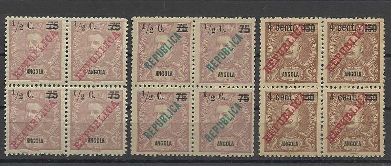 1150.jpg -     Lote:    1150            Angola       Descrição:         1919/21 &mdash; D. Carlos I com sobrecarga REPUBLICA e sobretaxa. Lote com 3 quadras CE188, 192 e 195.        ***       Valor Base:     &euro; 10,00     Valor Venda:     &euro; 10,00       