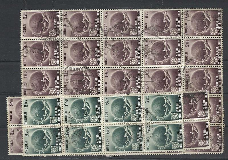 1158.jpg -     Lote:    1158            Angola       Descrição:         1949 &mdash; Globo Terrestre contornado por aviões. CE309/310. Lote composto por bloco de 8 selos de 6Ags + dois blocos de 10 e 25 selos de 9 Ags. Valor de catálogo &euro; 93,50.        O       Valor Base:     &euro; 12,00     Valor Venda:     Retirado     