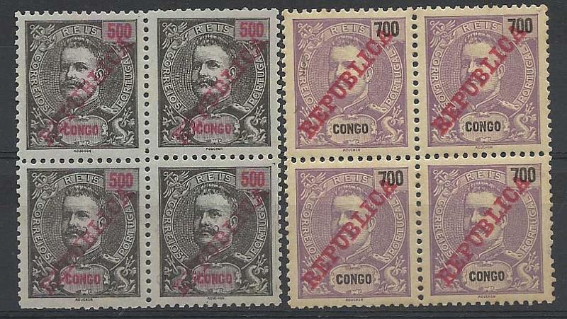 1167.jpg -     Lote:    1167            Congo       Descrição:         1911 &mdash; D. Carlos I Mouchon, com sobrecarga REPUBLICA da Casa da Moeda. CE73/74. Duas quadras sendo uma do 500 reis sem goma e outra de 700 reis com goma original (ligeiro defeito num selo). Valor de catálogo &euro; 92,00.         ***/*       Valor Base:     &euro; 12,00     Valor Venda:     &euro; 12,00       